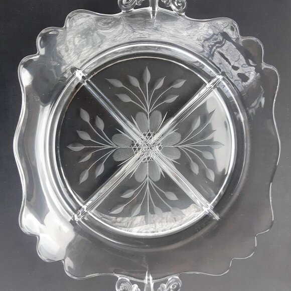 W.J. Hughes CORNFLOWER Glass Handled Divided Large Bowl Lancaster Etched VTG - Picture 6 of 12